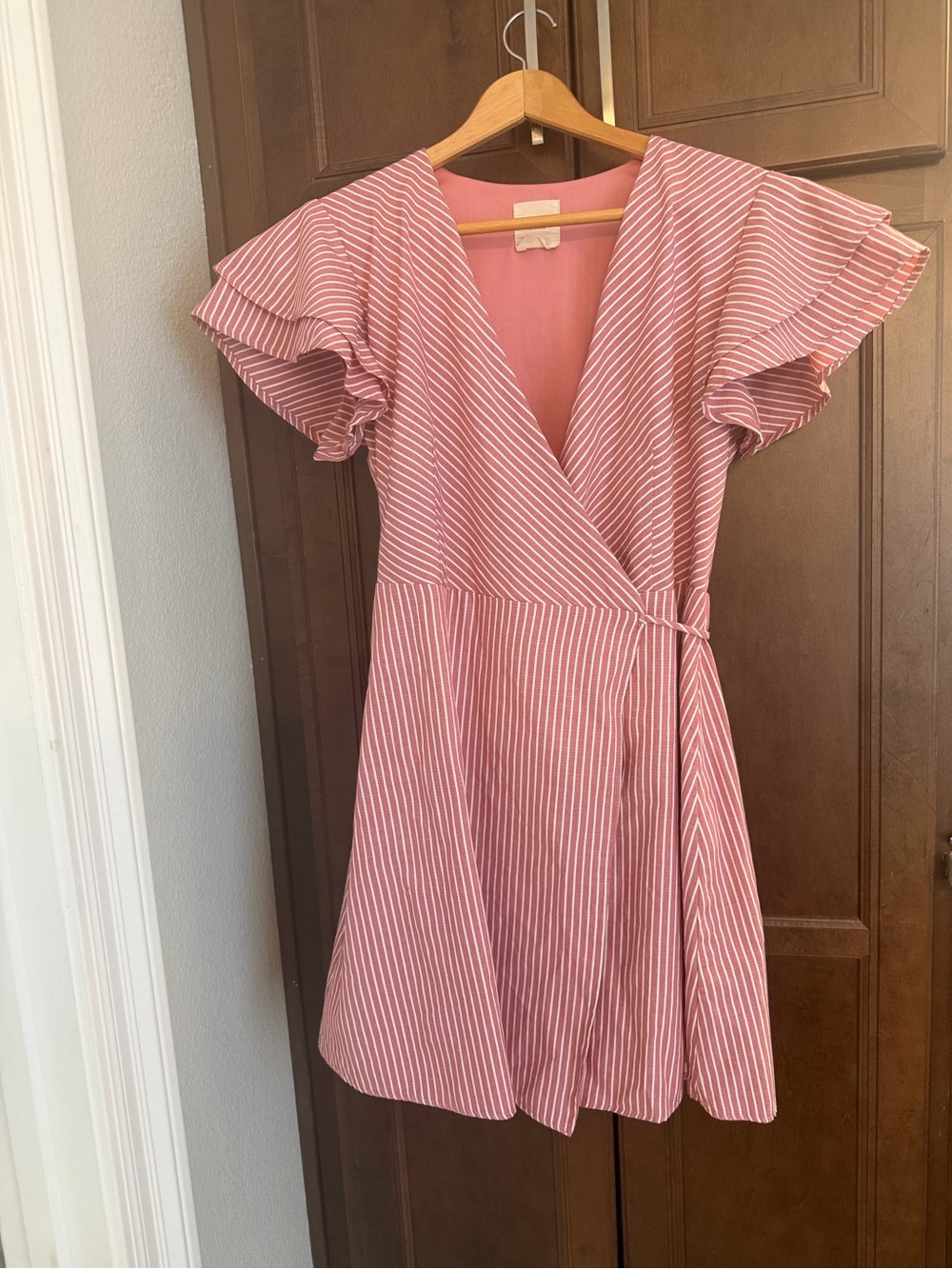 Striped Pink Wrap Dress with Ruffle Sleeves